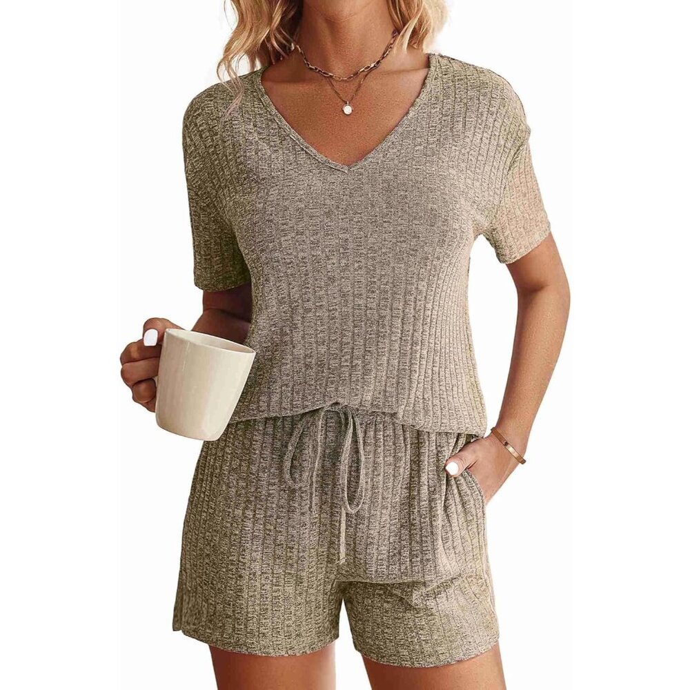 Womens Ribbed Knit Lounge Set Short Sleeve Top Shorts Sleepwear Casual